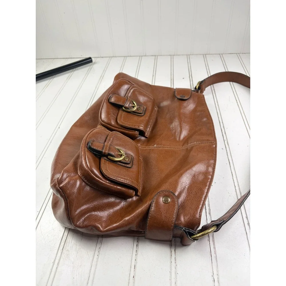 Vintage Y2K Brown Faux Leather Buckle Rustic Hobo Boho Shoulder Bag Purse
